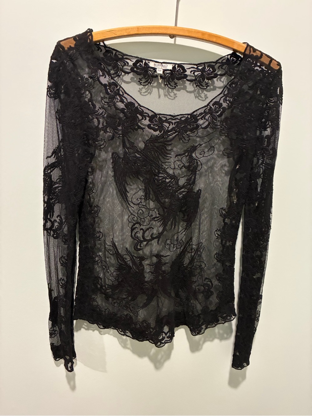 Buffalo David Bitton Black Sheer Lace Top With Bird/Floral Design Size Small - Picture 1 of 5